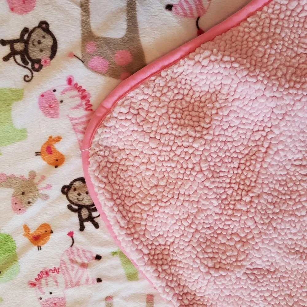 Carters Pink Safari Jungle Jill‎ Baby Blanket Zebra Monkey Giraffe Sherpa Vtg